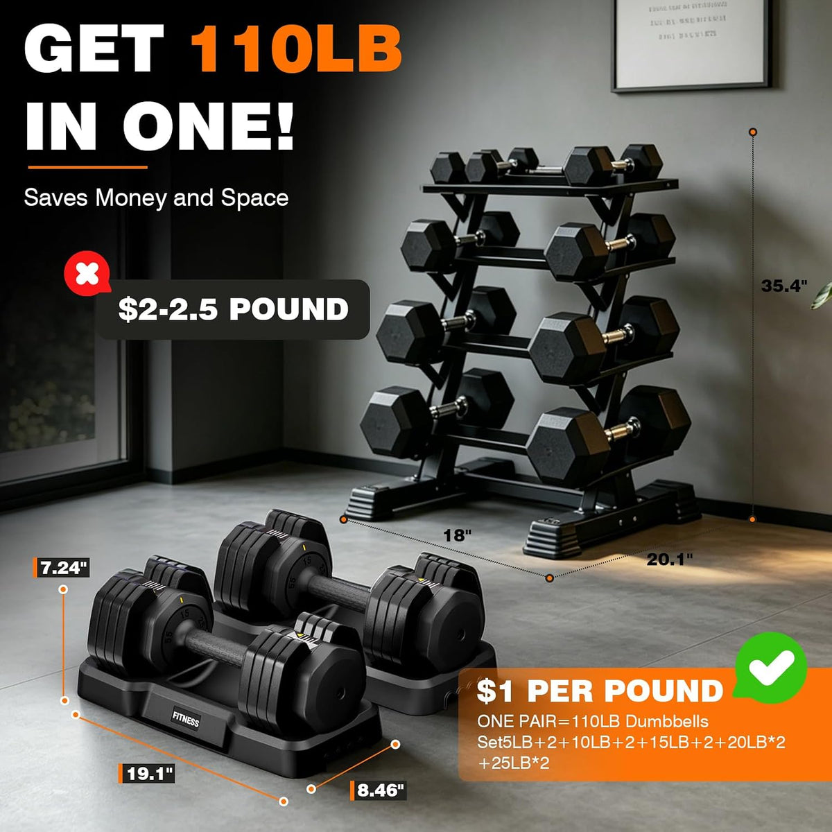 Adjustable Dumbbells Set, Single 55lb/ Pair 110lb