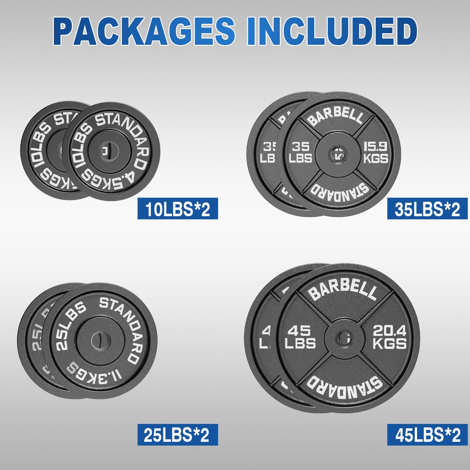 2 Inch Cast Iron Weight Plates Package 230lbs（2*10lbs+2*25lbs+2*35lbs+2*45lbs）