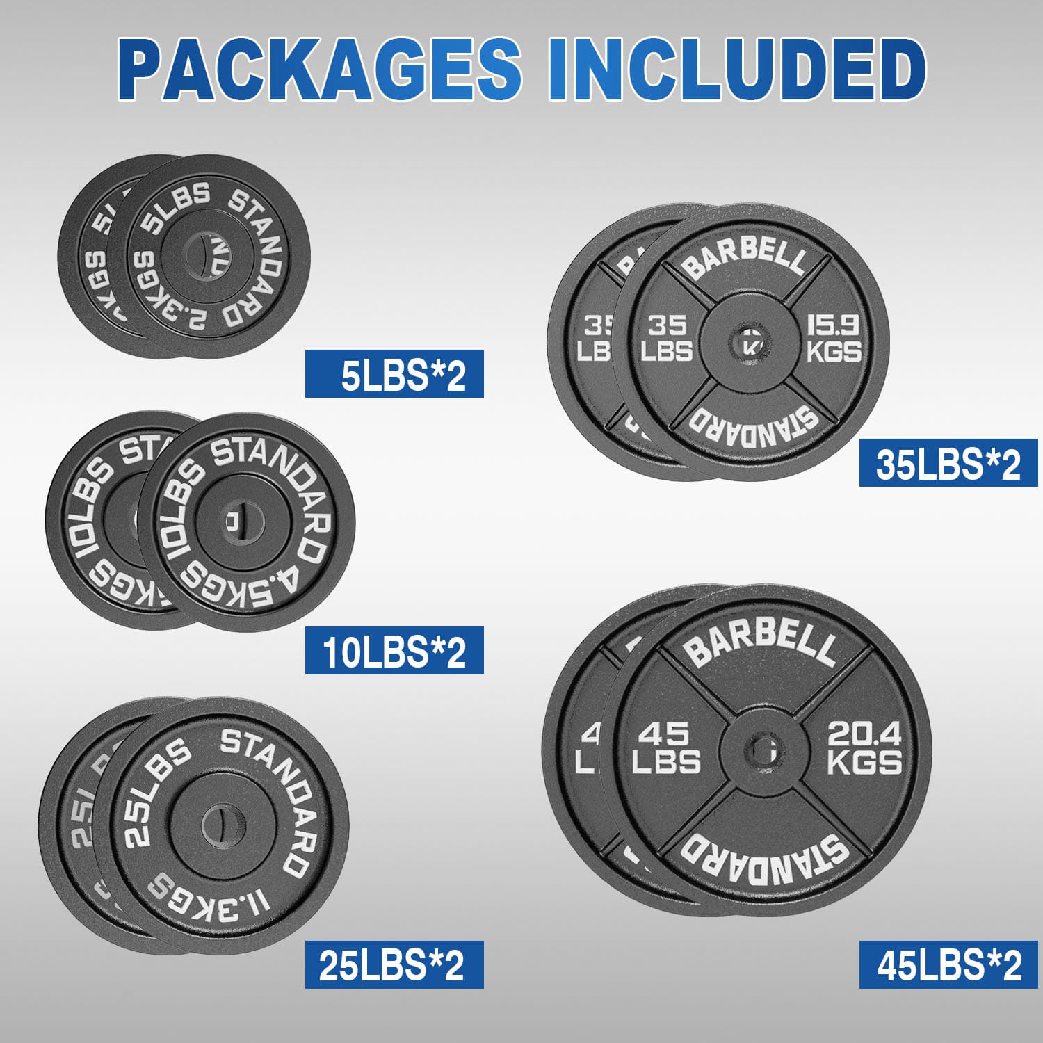 2 Inch Cast Iron Weight Plates Package 240lbs（2*5lbs+2*10lbs+2*25lbs+2*35lbs+2*45lbs）