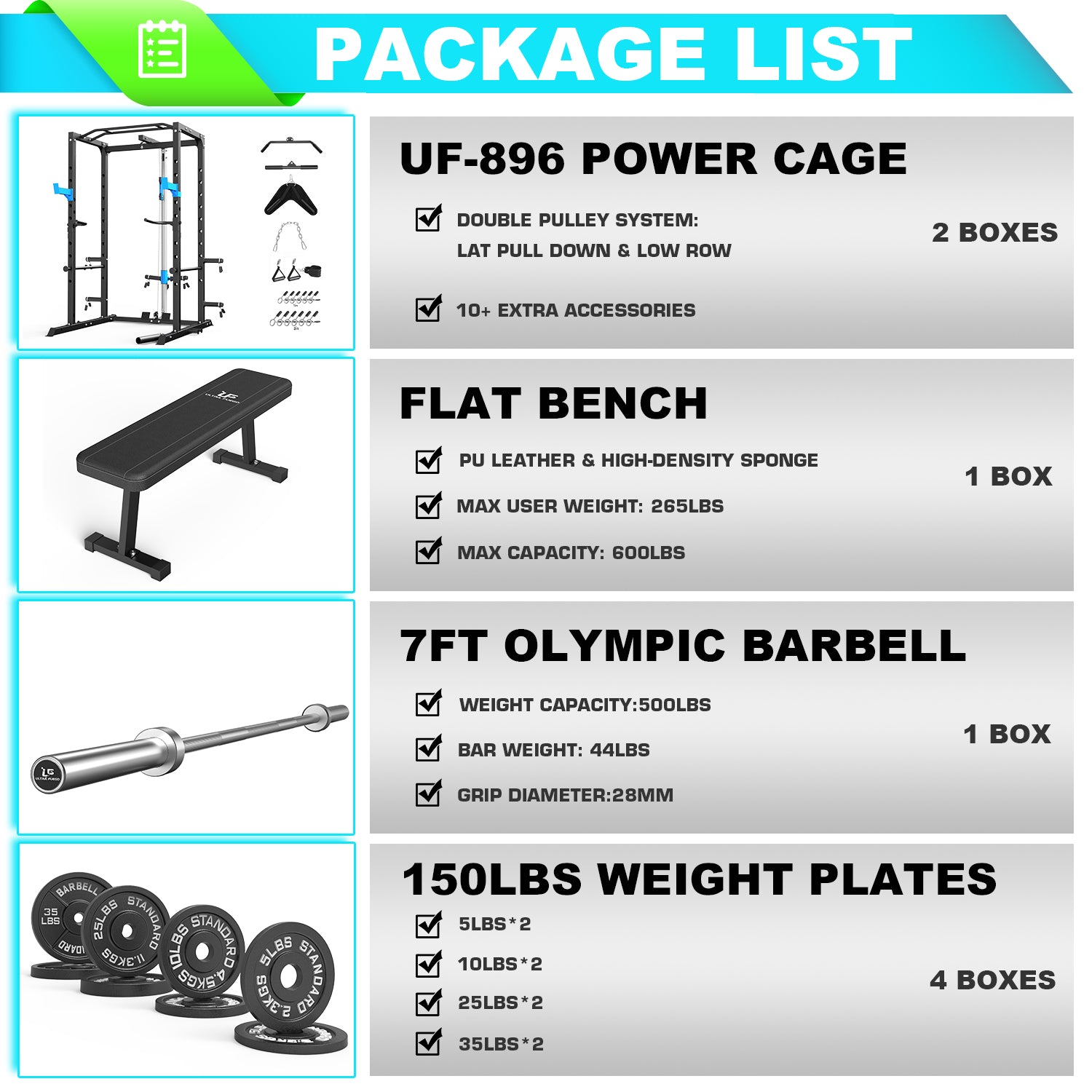 Power Cage Rack with Bench, Olympic Barbell, 150lbs Plates PACKAGES UF-896