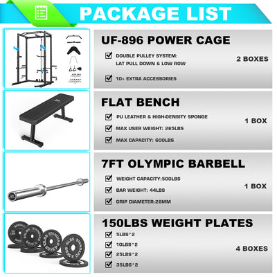 Power Cage Rack with Bench, Olympic Barbell, 150lbs Plates PACKAGES UF-896