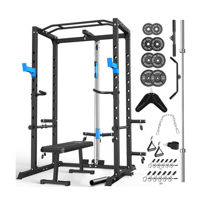 Power Cage Rack with Bench, Olympic Barbell, 150lbs Plates PACKAGES UF-896