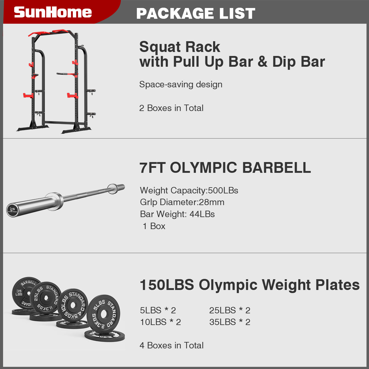 Squat Rack with Weight Bench, Olympic Barbell and 150lbs Weight Plates SH-919 Package