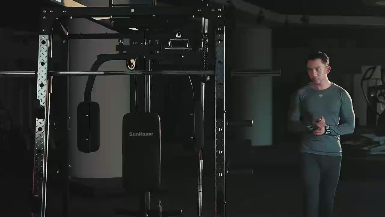 Load video: All in One Smith Machine Power Rack（Pro Weight Bench and Plates Optional）