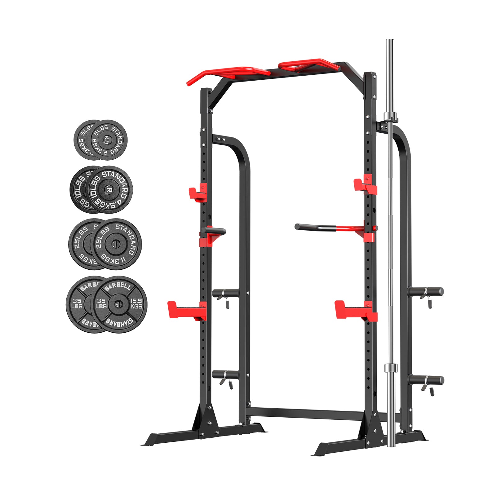 Squat Rack with Weight Bench, Olympic Barbell and 150lbs Weight Plates SH-919 Package